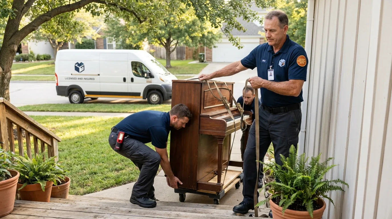 Licensed piano movers securing grand piano in Tuscarawas, OH