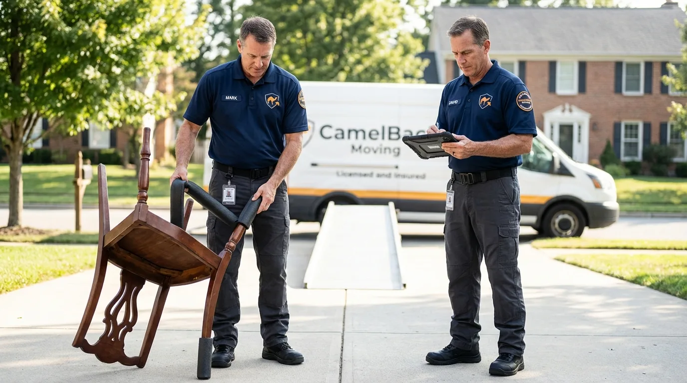 Movers inspecting furniture for damage prevention before loading in Tuscarawas, OH