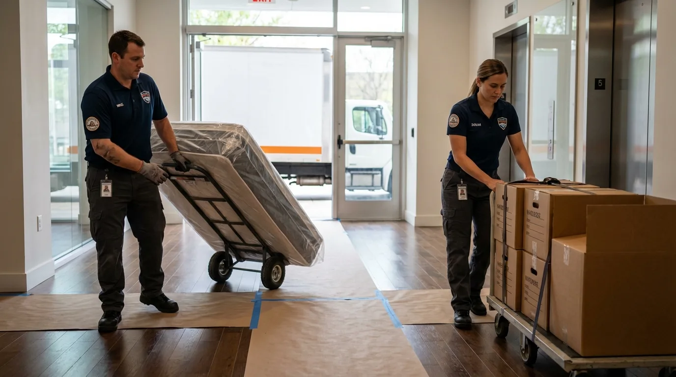 Professional apartment movers loading elevator in Tuscarawas, OH