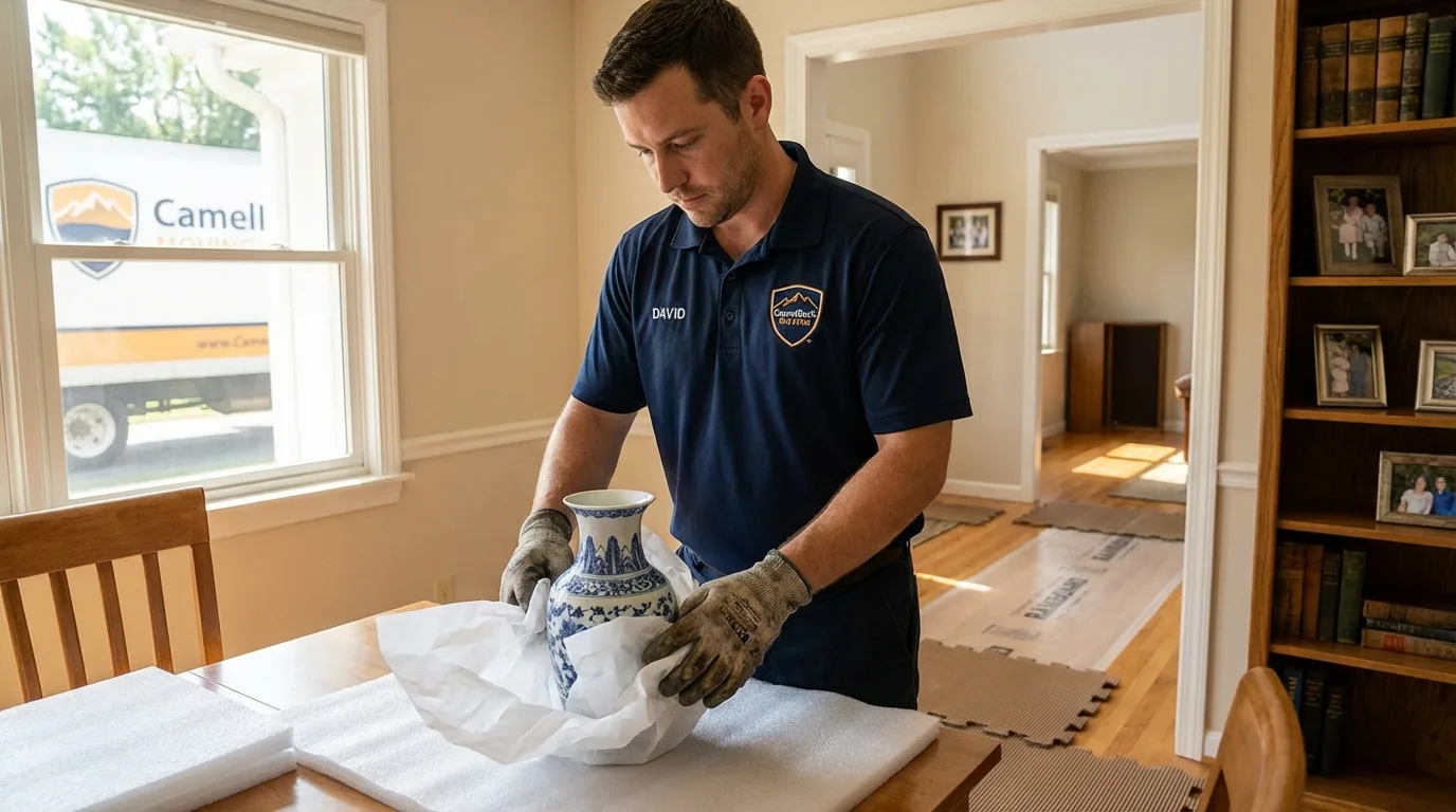 Professional crew carefully wrapping antique vase for senior downsizing move in Tuscarawas, OH